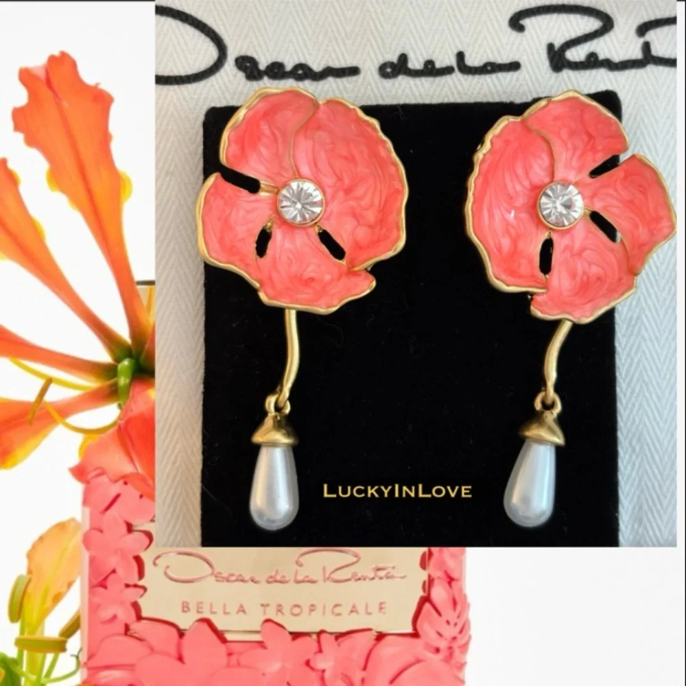 Oscar de la Renta • Enamel Poppy Flower Pearl Drop Earrings